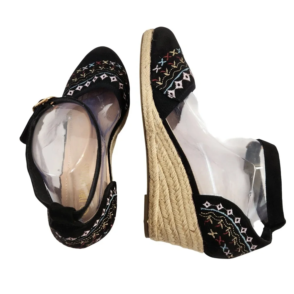 Dream Pairs Womens Black Embroidered Wedge Ankle StrapEspadrille Sandals Size 10